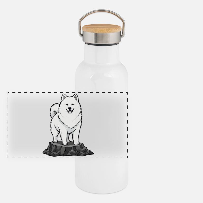Samoyed Dog on Rock Portrait White Smile Panoramic Thermal Bottle with Bamboo Lid