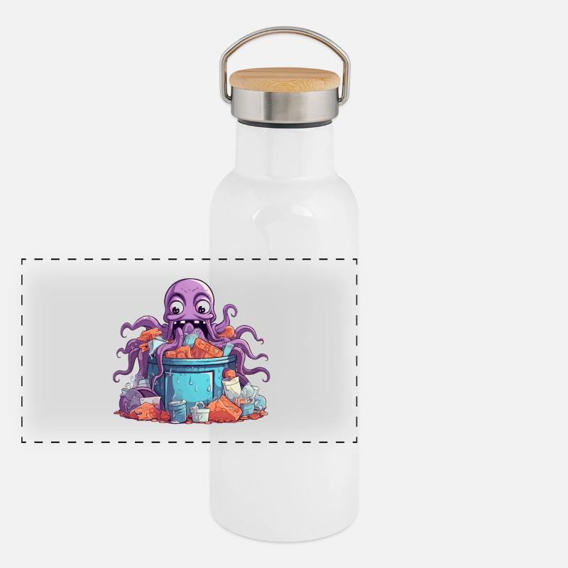 Lila Kraken im Eimer Chaos Panorama Thermosflasche mit Bambusdeckel
