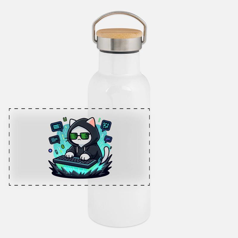 Chat-Hacker - Panorama Thermosflasche mit Bambusdeckel - Weiß