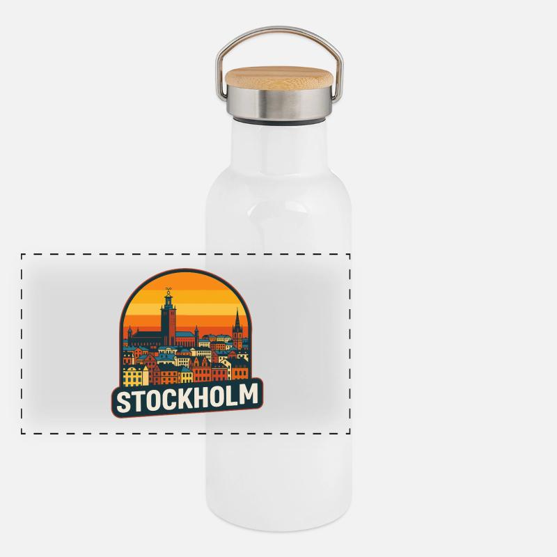 Stockholm Suède Retro Sunset Skyline Design Gourde isotherme avec bouchon en bambou