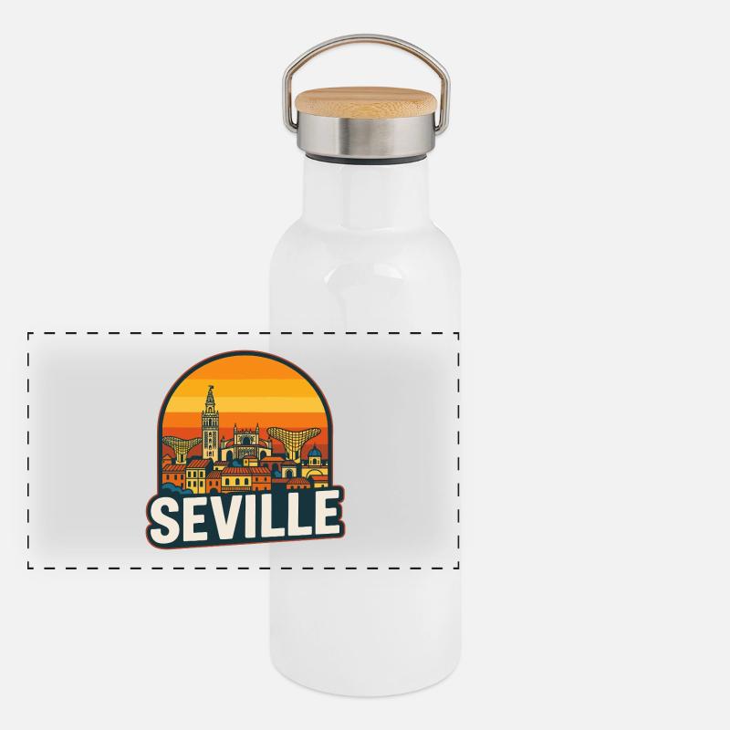 Sevilla, Spanien Retro-Sonnenuntergangs-Skyline-Design Panorama Thermosflasche mit Bambusdeckel