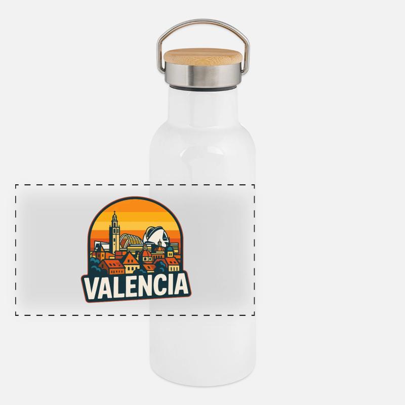 Valencia Espagne Retro Sunset Skyline Design Gourde isotherme avec bouchon en bambou