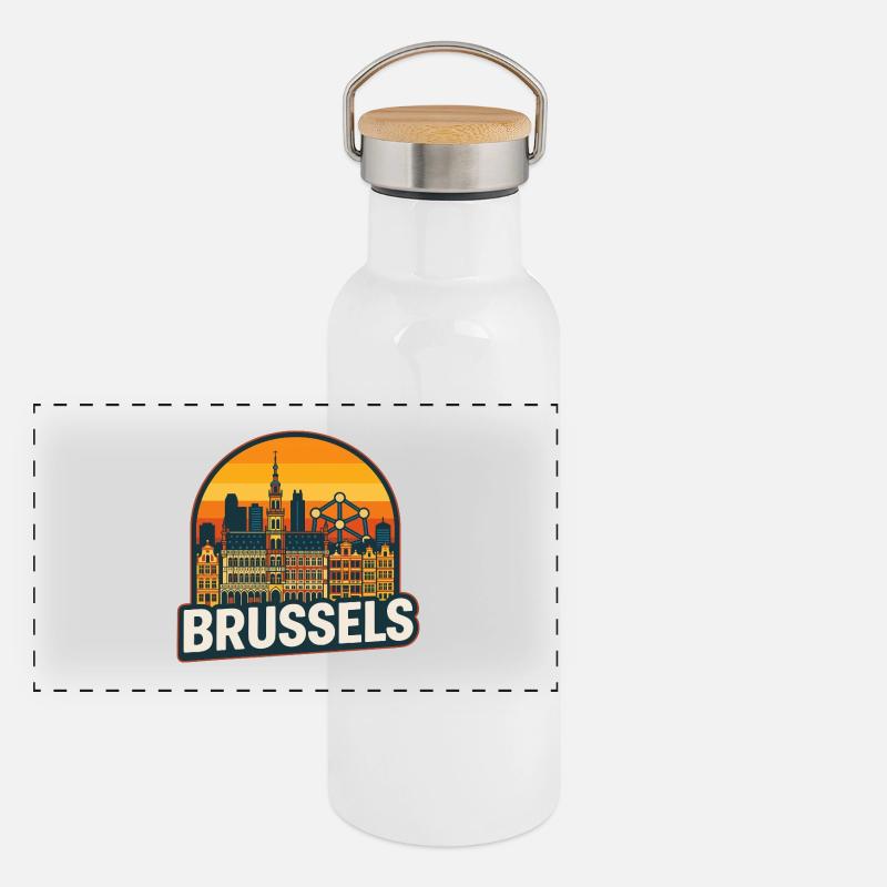Conception rétro de la Skyline Sunset Brussels, Belgique Gourde isotherme avec bouchon en bambou