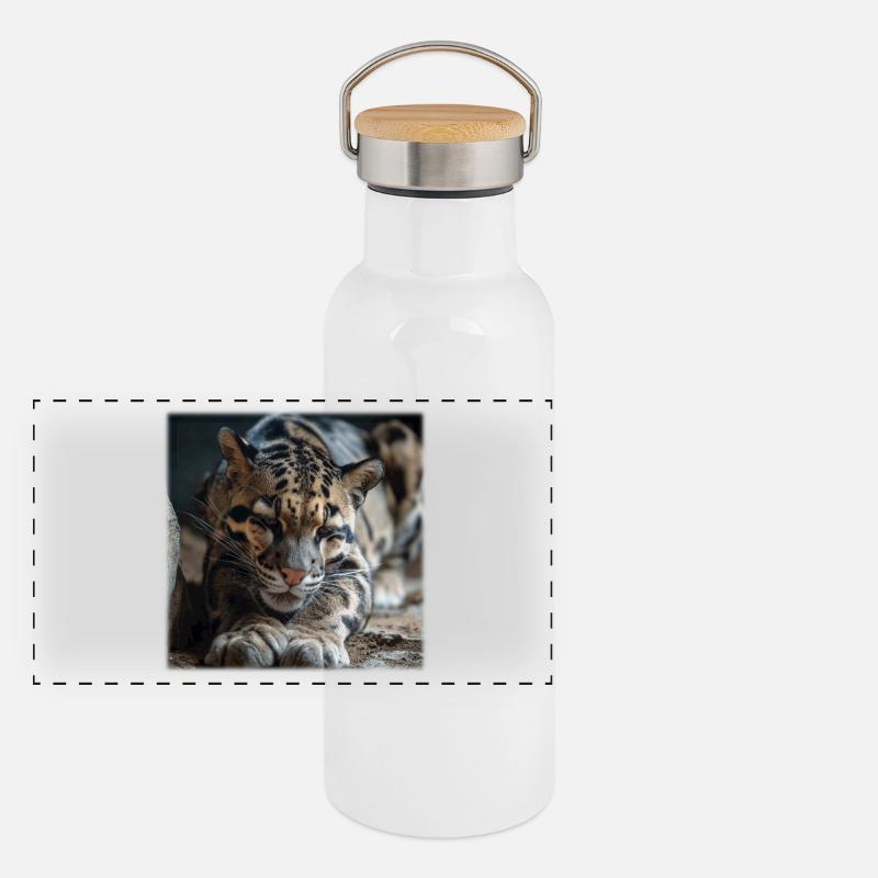 Clouded leopard resting pose Expressive wildcat Panoramic Thermal Bottle with Bamboo Lid