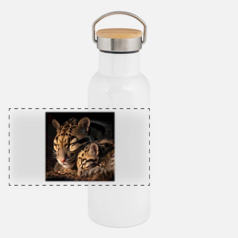 Clouded leopard with cub Loving wildcats Panoramic Thermal Bottle with Bamboo Lid