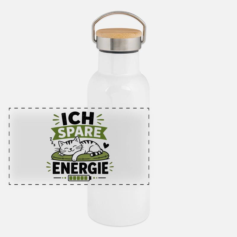 Ich Spare Energie Katze Panorama Thermosflasche mit Bambusdeckel