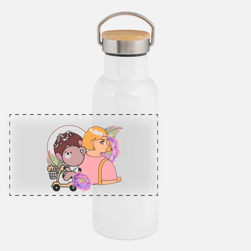 Kawaii Bear sur scooter de mobilité et douceurs Gourde isotherme avec bouchon en bambou