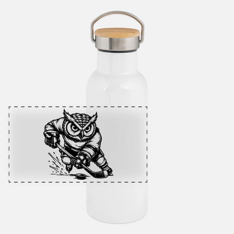 Eishockey Eule Spieler mit Puck Ausmalbild Panorama Thermosflasche mit Bambusdeckel
