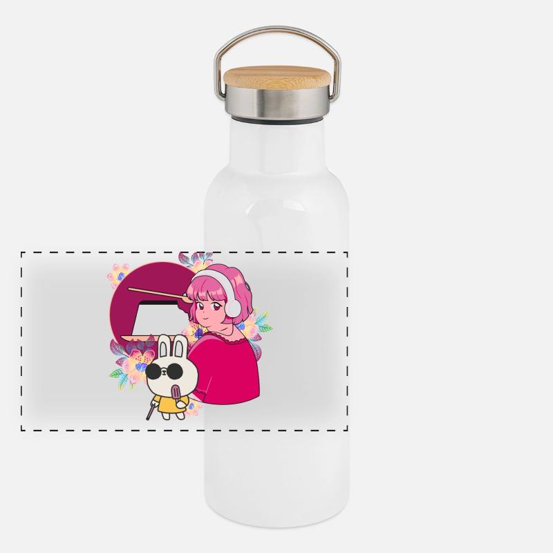 Manga-Mädchen mit Kopfhörern und blindem Kaninchen Panorama Thermosflasche mit Bambusdeckel