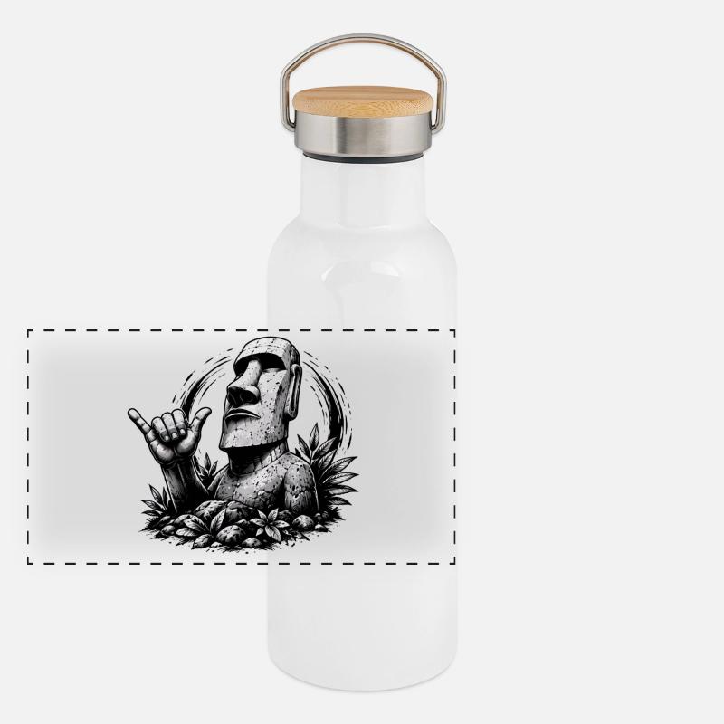 Moai Osterinsel Statue mit Shaka Zeichen Panorama Thermosflasche mit Bambusdeckel
