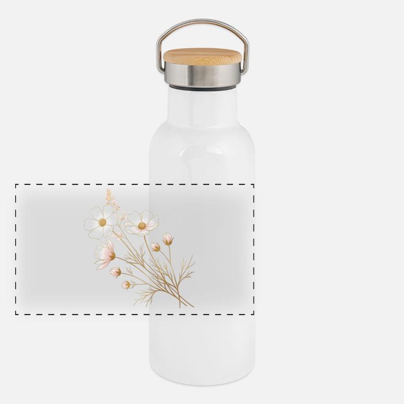 Accents dorés, fleurs blanches Gourde isotherme avec bouchon en bambou