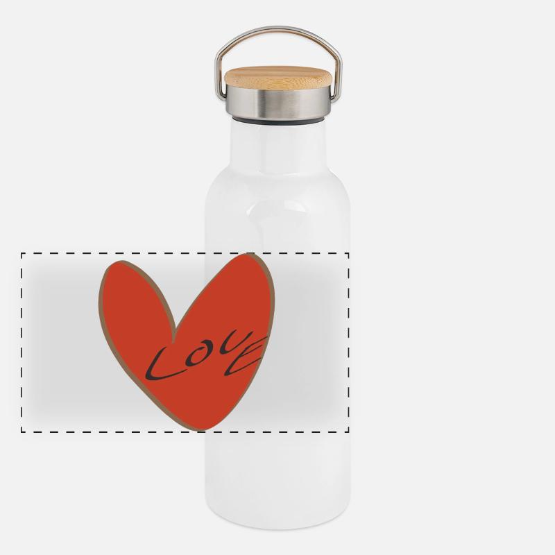 Rotes Herz mit Liebesschrift Panorama Thermosflasche mit Bambusdeckel