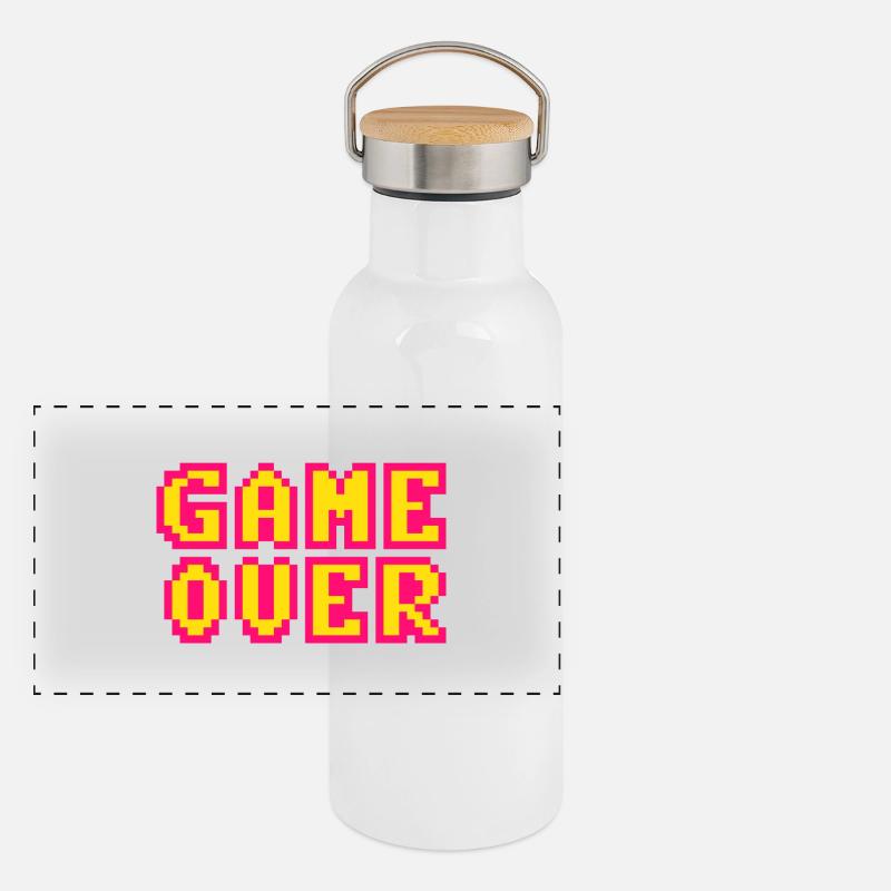 Game Over retrogaming vintage pixels Gourde isotherme avec bouchon en bambou