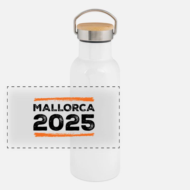 Mallorca 2025 Spruch Panorama Thermosflasche mit Bambusdeckel