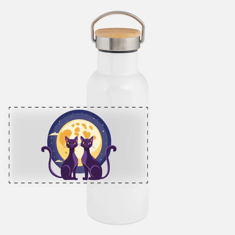 Deux chats devant la lune Gourde isotherme avec bouchon en bambou