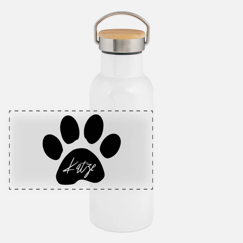 Katzen Pfoten Logo als Geschenkidee Panorama Thermosflasche mit Bambusdeckel