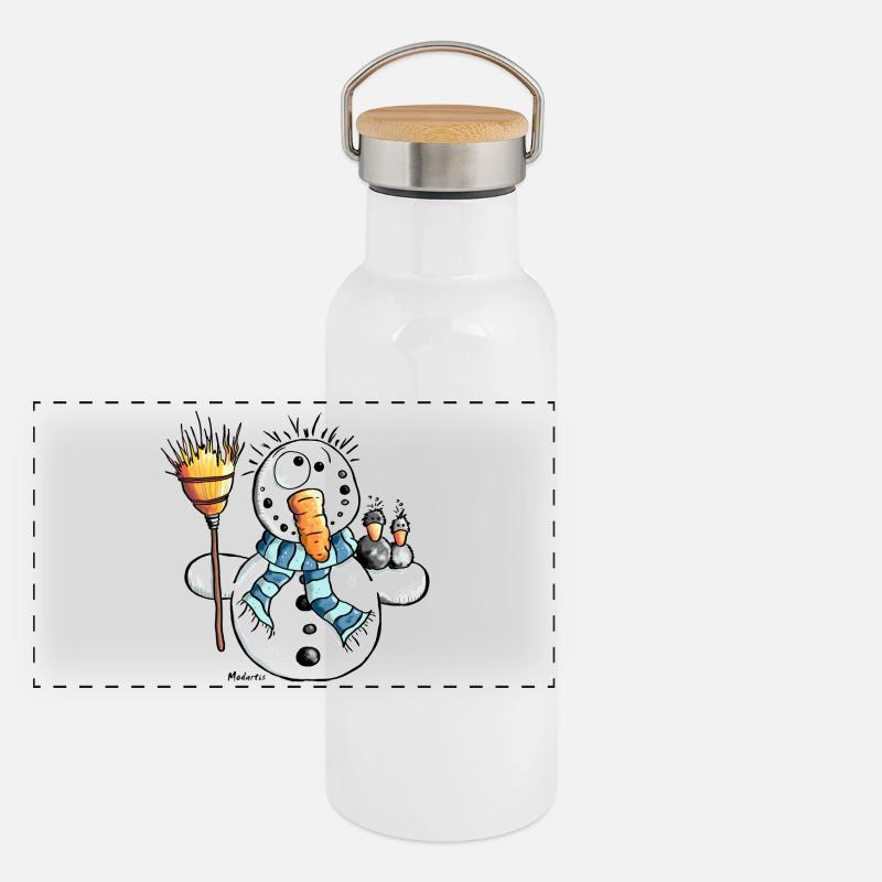 Knuffiger Schneemann Panorama Thermosflasche mit Bambusdeckel