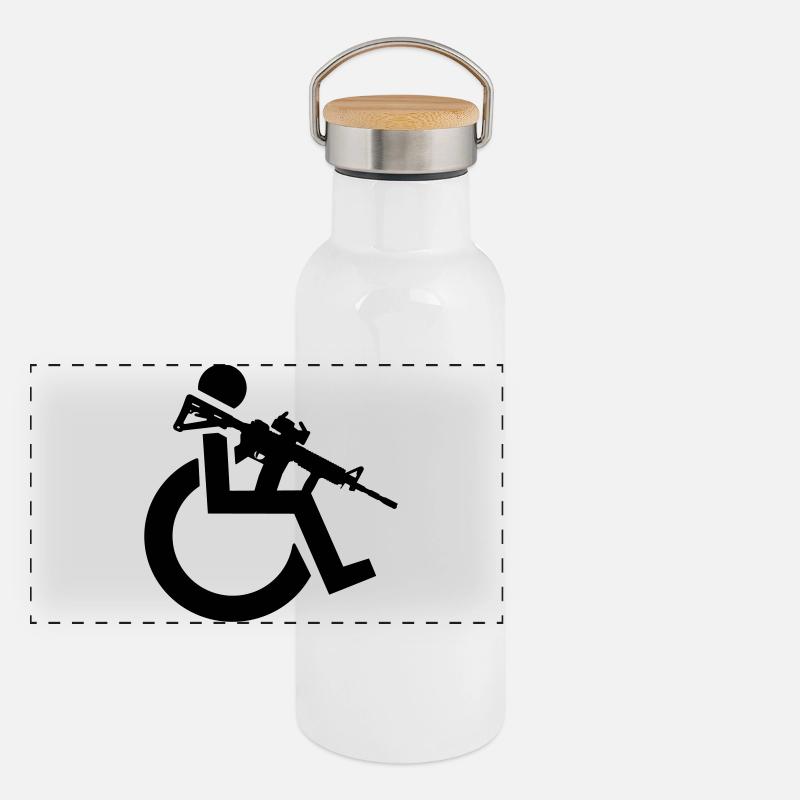 Bewaffneter Rollstuhlfahrer mit Gewehr, Waffe # Panorama Thermosflasche mit Bambusdeckel