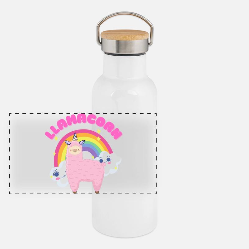 Whimsical Pink Llama with Rainbow Panoramic Thermal Bottle with Bamboo Lid