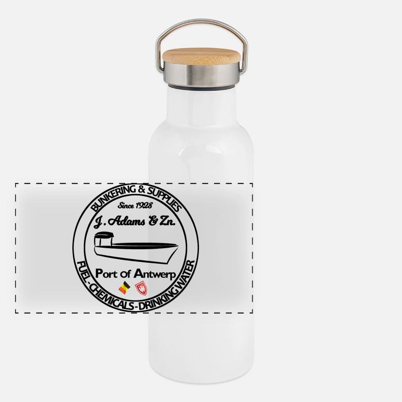 Logo Bunker- und Versorgungsschiff Hafen Antwerpen Panorama Thermosflasche mit Bambusdeckel