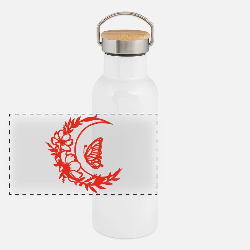 Mondblumen (rot) Panorama Thermosflasche mit Bambusdeckel