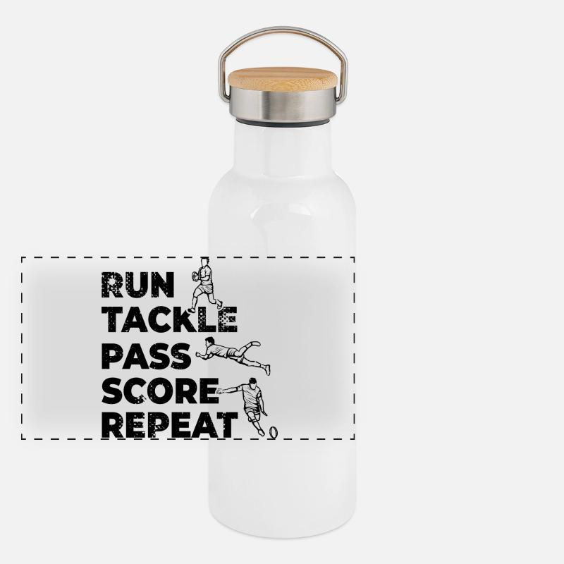 Run Tackle Pass Score Repeat Panorama Thermosflasche mit Bambusdeckel