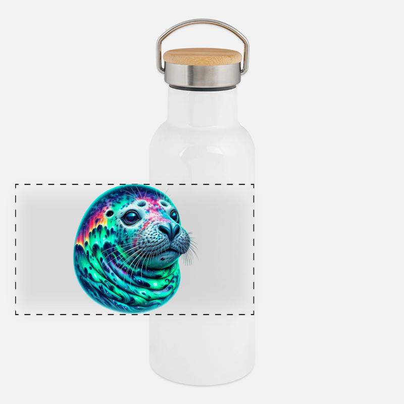 Aurora Borealis Siegel Panorama Thermosflasche mit Bambusdeckel