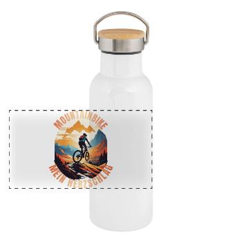 Mountainbike: Mein Herzschlag - Panorama Thermosflasche mit Bambusdeckel - Weiß - Vorne