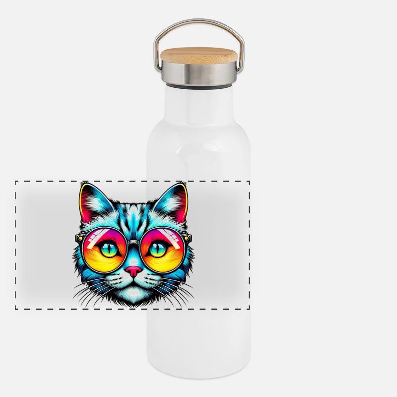 Chat avec des lunettes de soleil Gourde isotherme avec bouchon en bambou