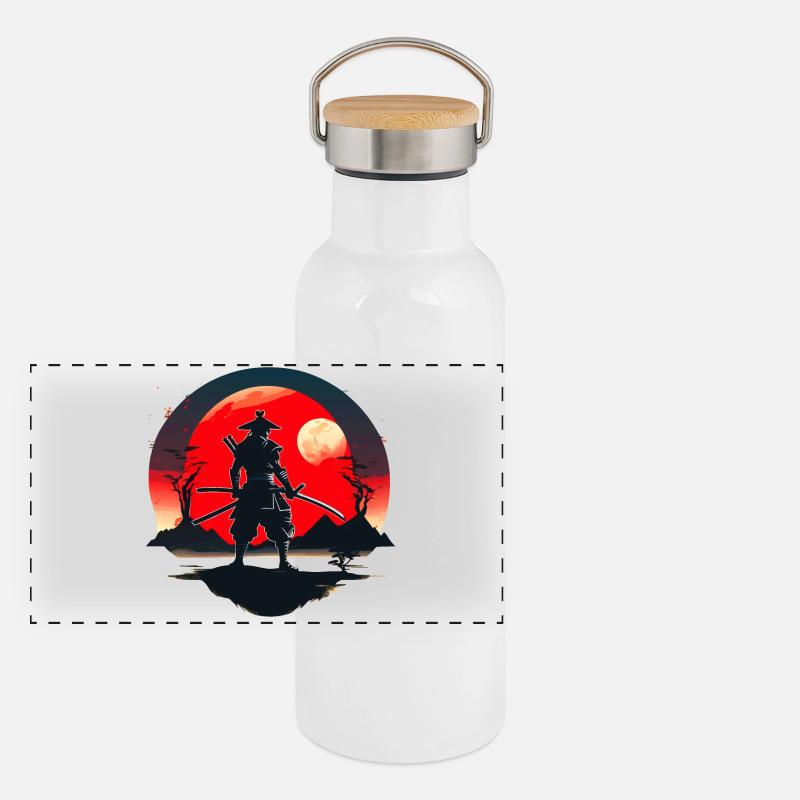 Samurai Silhouette with Red Moon Background Panoramic Thermal Bottle with Bamboo Lid