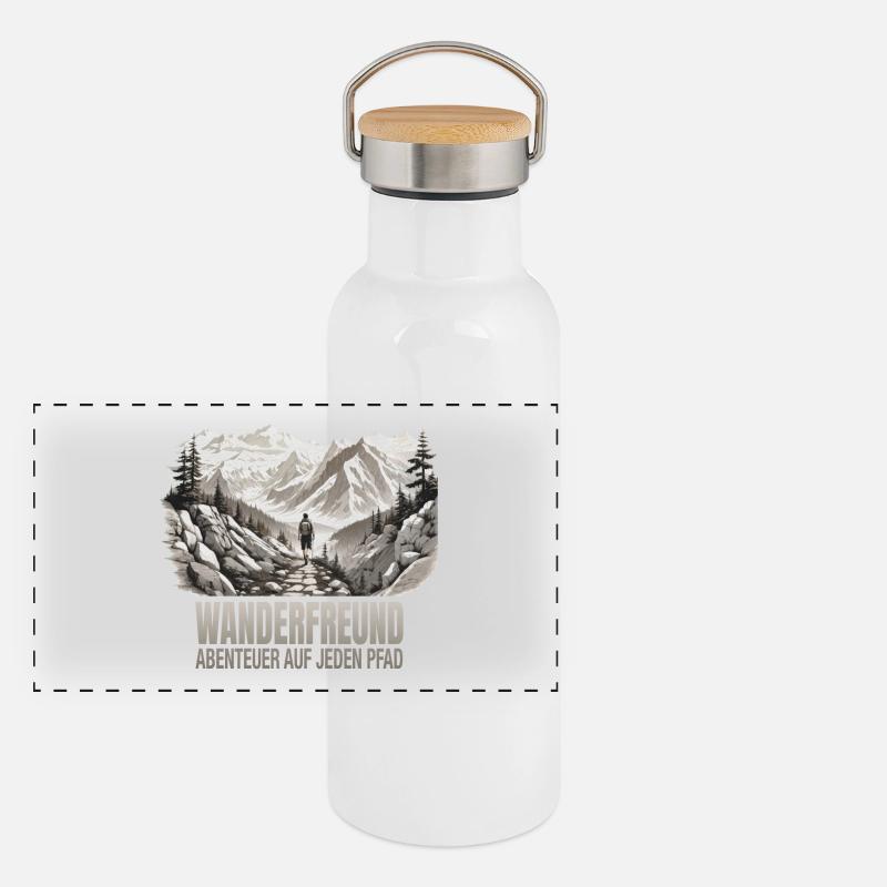 Abenteuer auf jeden Pfad Panorama Thermosflasche mit Bambusdeckel
