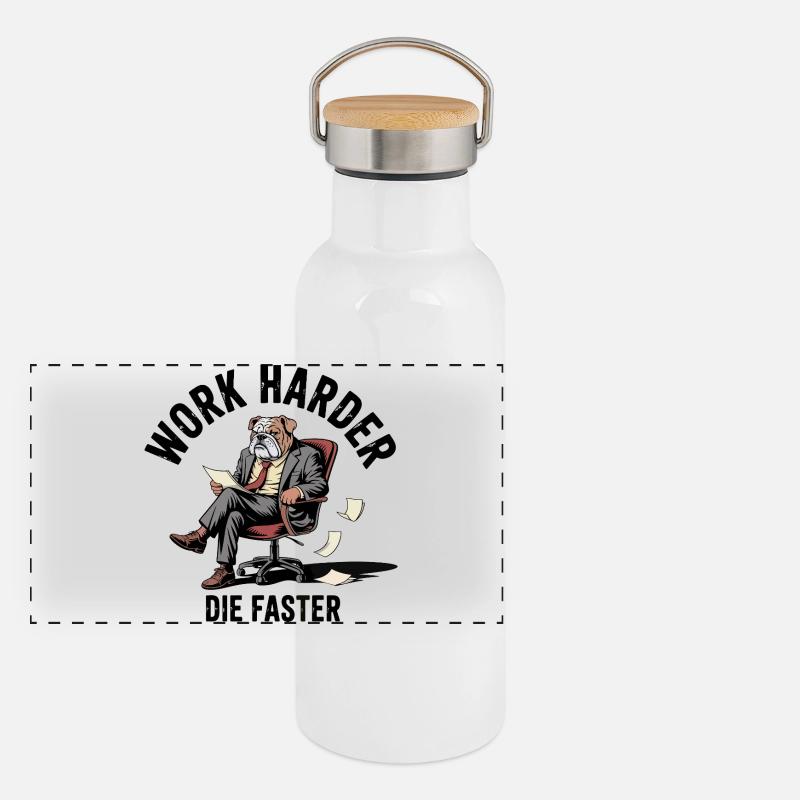Bulldog Work Hard Satire Panorama Thermosflasche mit Bambusdeckel