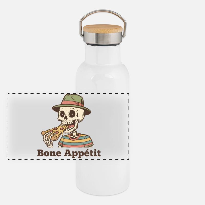 Bone Appétit Skeleton Eats Pizza Panoramic Thermal Bottle with Bamboo Lid