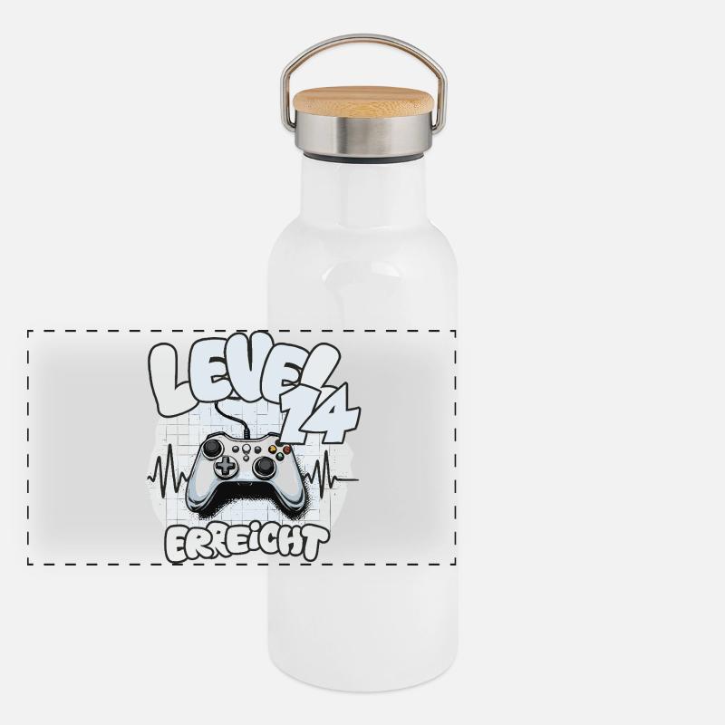 Level 14 erreicht Controller Joypad Herzschlag  Panorama Thermosflasche mit Bambusdeckel