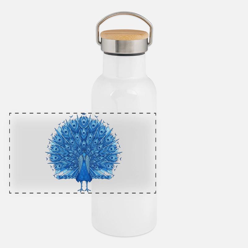 Kobaltblauer Pfauenfächer Panorama Thermosflasche mit Bambusdeckel