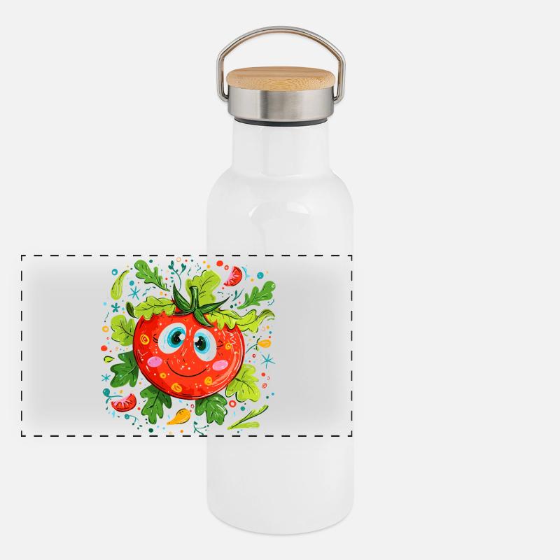 Tomate joyeuse à motif vert Gourde isotherme avec bouchon en bambou