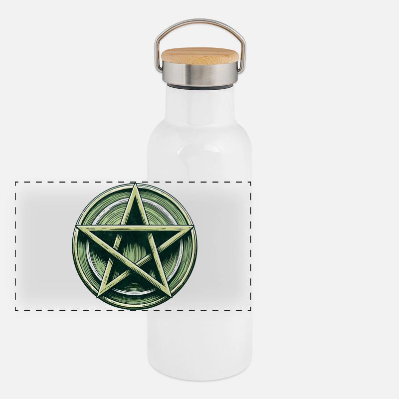 Smaragd-Pentagramm-Wappen Panorama Thermosflasche mit Bambusdeckel