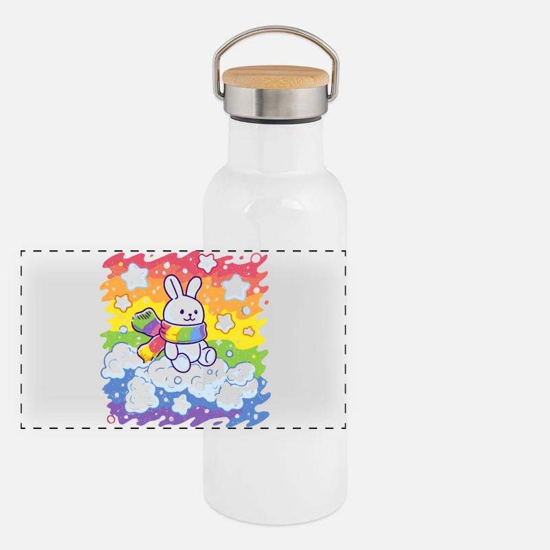 Lapin arc-en-ciel sur nuage Gourde isotherme avec bouchon en bambou
