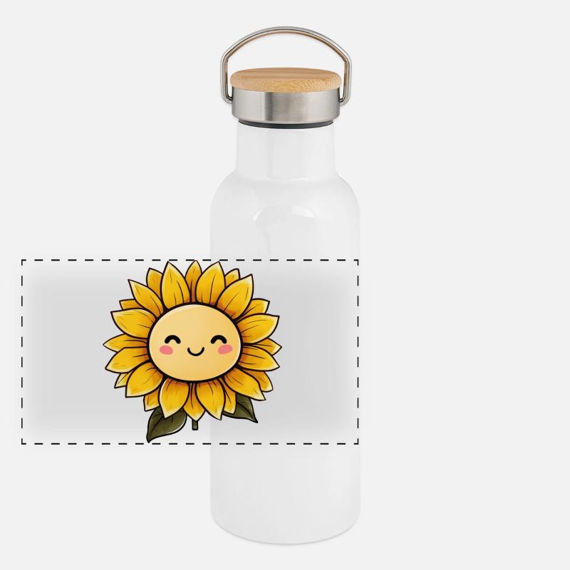 Sonnenblume mit Gesicht Panorama Thermosflasche mit Bambusdeckel