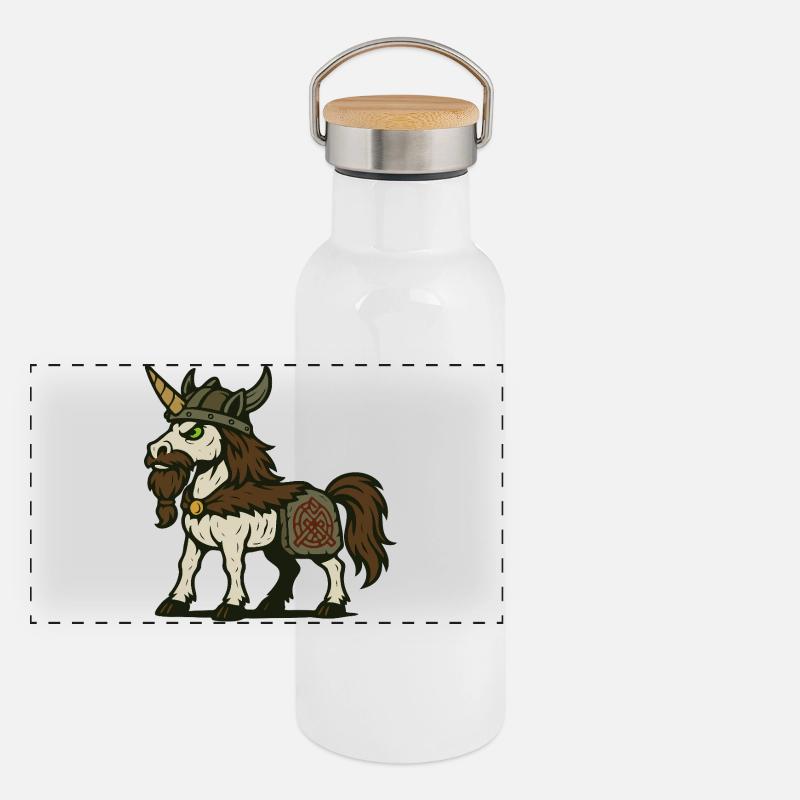 Wikinger-Krieger-Einhorn mit Bart und nordischem Zeichen Panorama Thermosflasche mit Bambusdeckel