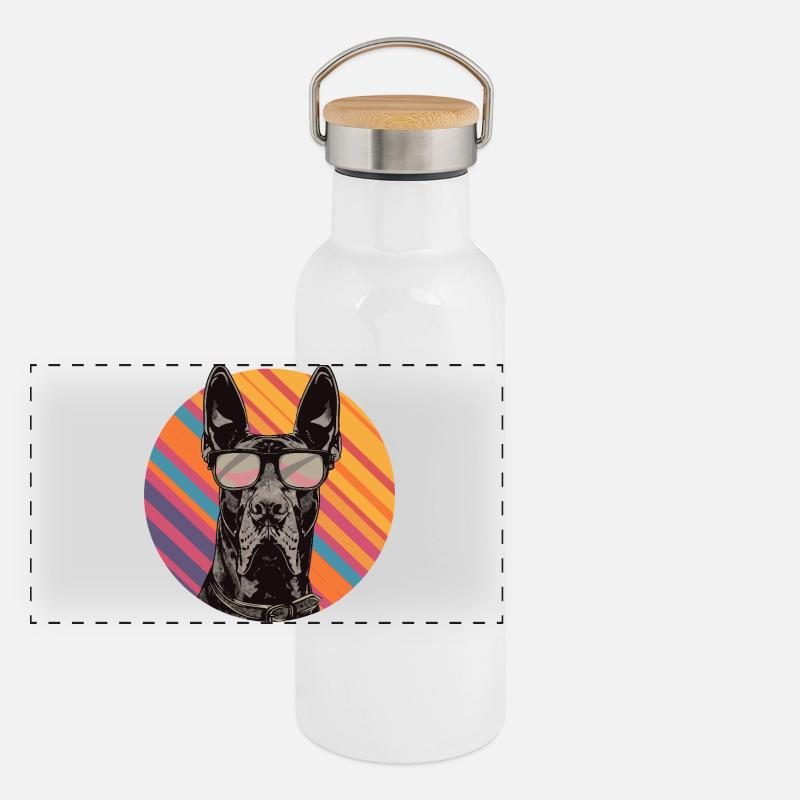 Dobermann mit Sonnenbrille Pop Art Panorama Thermosflasche mit Bambusdeckel
