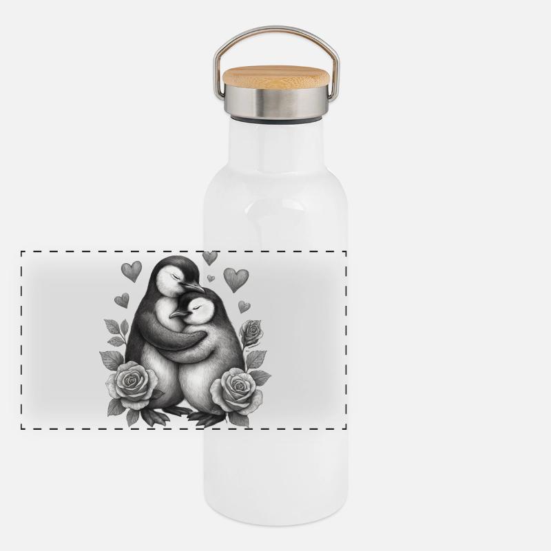 Umarmende Pinguine mit Rosen Panorama Thermosflasche mit Bambusdeckel