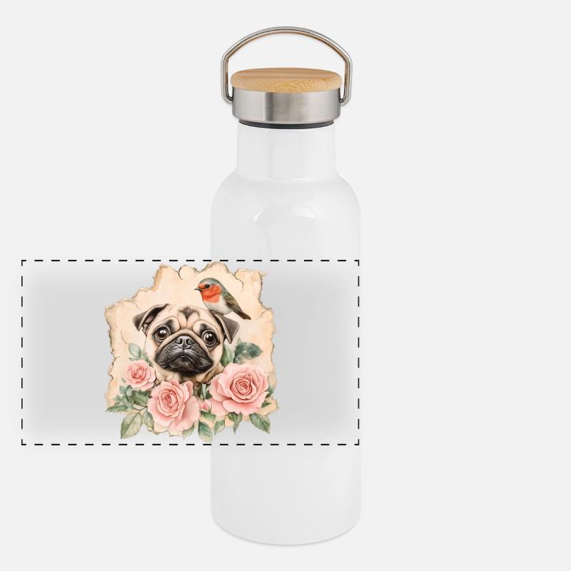 Mops und Rotkehlchen Panorama Thermosflasche mit Bambusdeckel