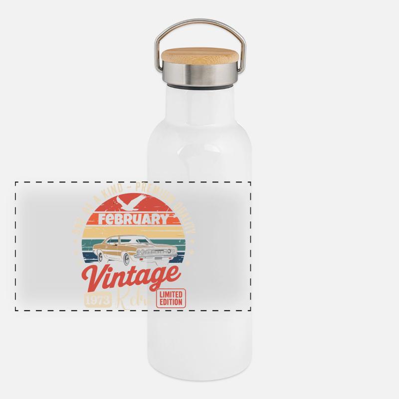Vintage-Retro-Jubiläumsgeschenk vom Februar 1973 - Panorama Thermosflasche mit Bambusdeckel - Weiß
