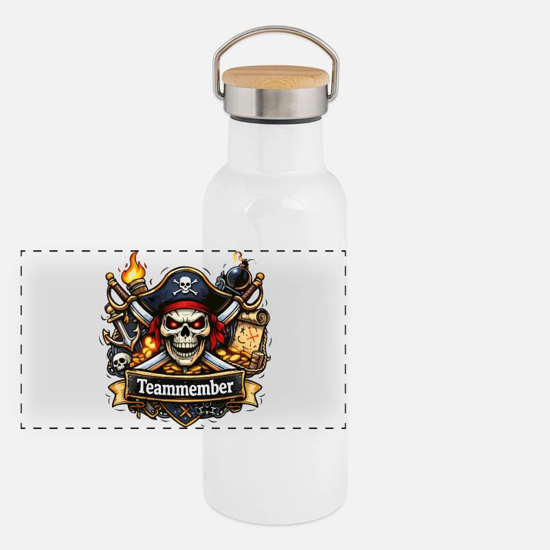 Membres de l’équipe : Conception du crâne de pirate - Gourde isotherme avec bouchon en bambou - blanc