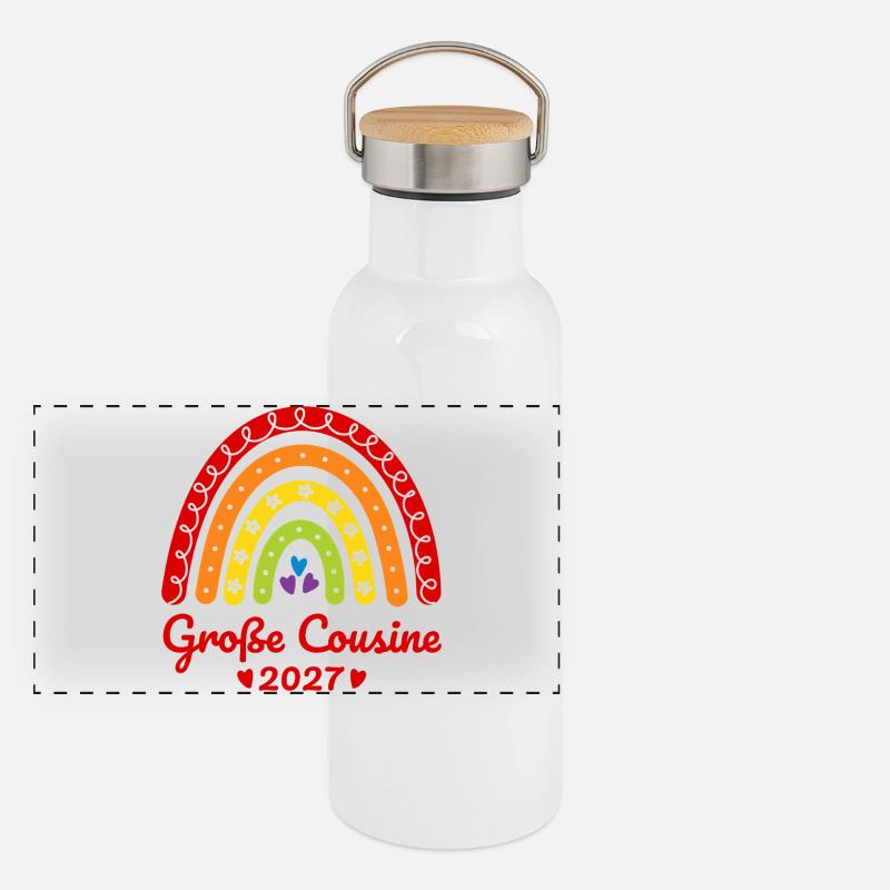 Große Cousine 2027 Boho Regenbogen bunt Panorama Thermosflasche mit Bambusdeckel