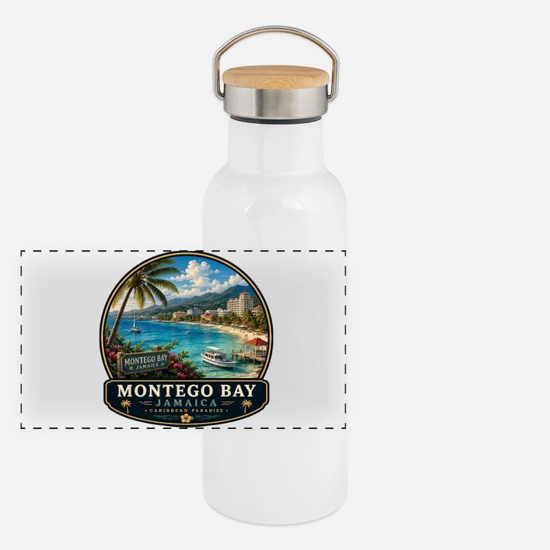 Montego Bay Jamaica Caribbean Vacation Beach Palms Panoramic Thermal Bottle with Bamboo Lid