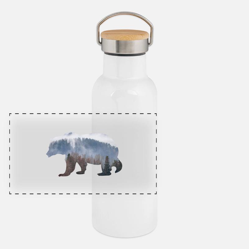 Bär mit Wald Panorama Thermosflasche mit Bambusdeckel