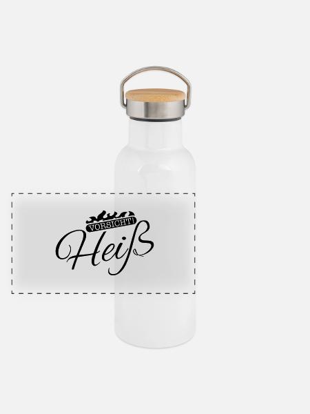 vorsicht_heiss_se1 - Panorama Thermosflasche mit Bambusdeckel - Weiß - Vorne