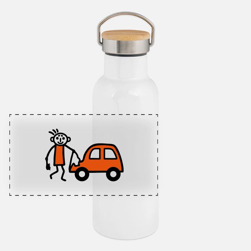 Strichmännchen Autowäsche - V2 Panorama Thermosflasche mit Bambusdeckel